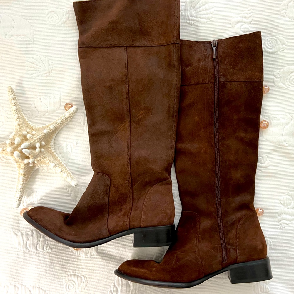 Zara tall brown chocolate suede leather boots. NWOT - inside calf zip